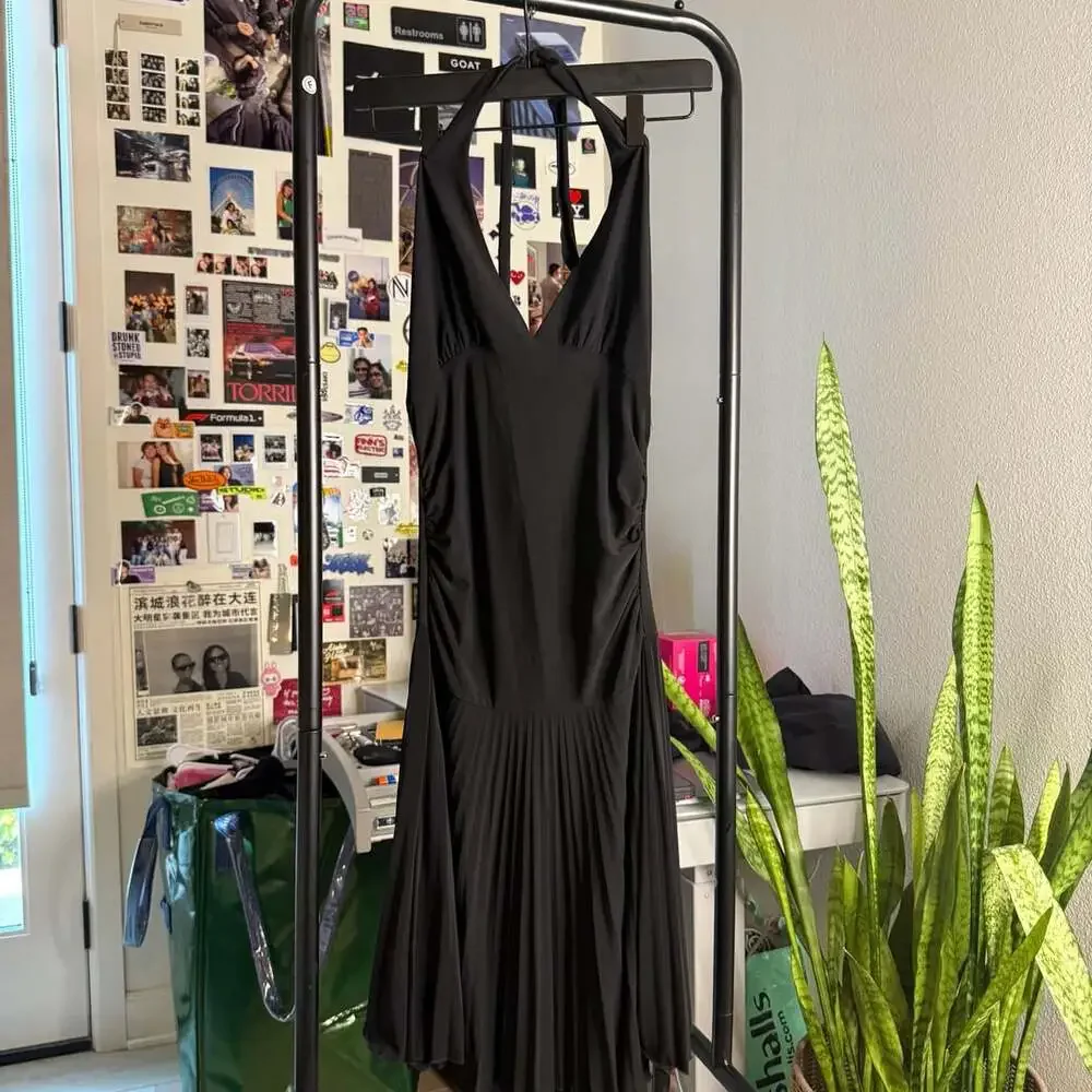 Vintage Black Halter Dress Pleated Maxi V-Neck S